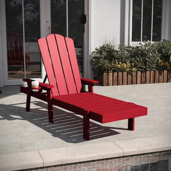 Flash Furniture Sonora Adjustable Adirondack Lounger w/Cup Holder, All-Weather Recycled HDPE Lounge Chair in Red LE-HMP-070-01-RED-GG - main